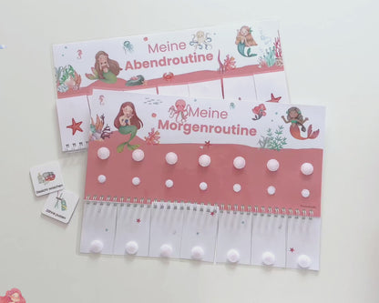 Routineplaner Montessori inkl. Symbolkarten - Design MEERJUNGFRAU ROT - Personalisierbar