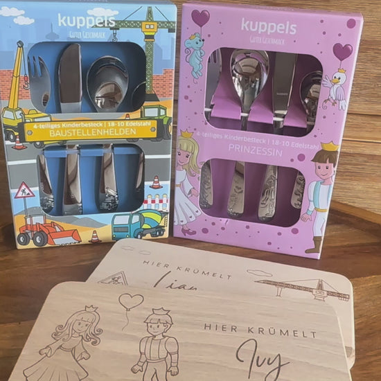 Video zeigt das personalisierte Kinderbesteck mit graviertem Namen und Frühstücksbrett