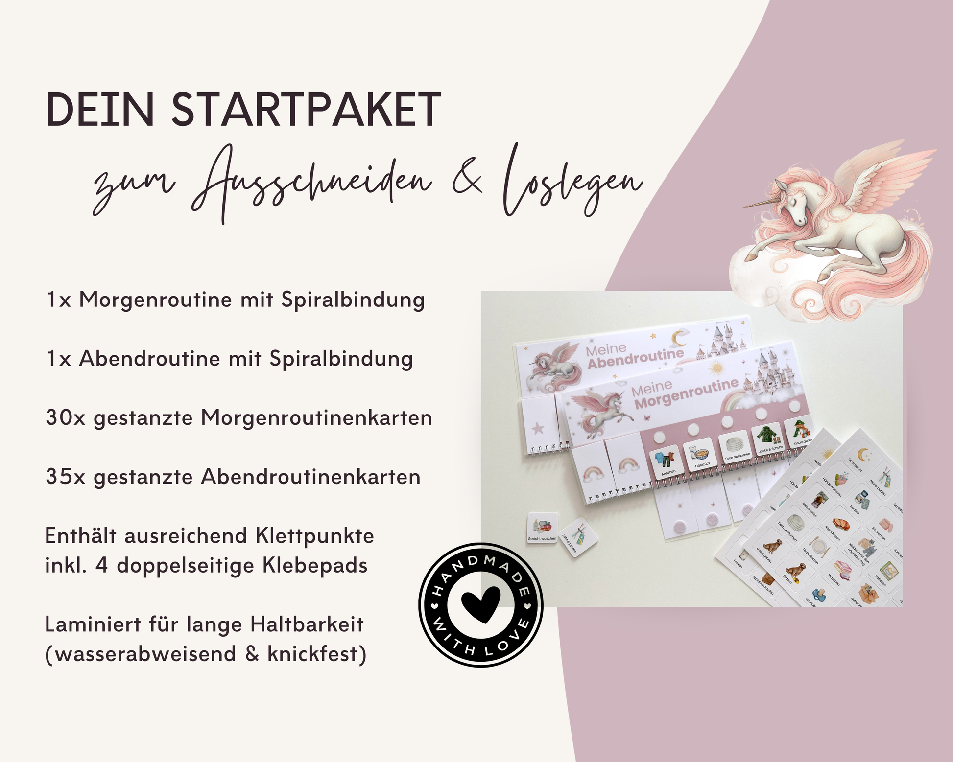 Lieferumfang Montessori Routineplaner [Design] mit Morgenroutine, Abendroutine, 65 gestanzten Symbolkarten, Klettpunkten und Klebepads, laminiert