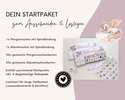 Lieferumfang Montessori Routineplaner [Design] mit Morgenroutine, Abendroutine, 65 gestanzten Symbolkarten, Klettpunkten und Klebepads, laminiert