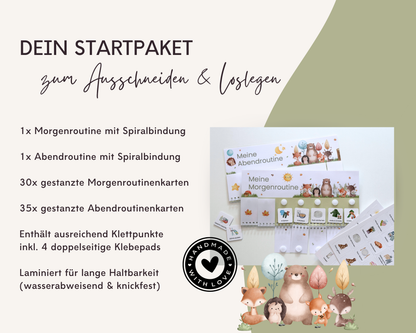 Lieferumfang Montessori Routineplaner Waldtiere mit Morgenroutine, Abendroutine, 65 gestanzten Symbolkarten, Klettpunkten und Klebepads, laminiert