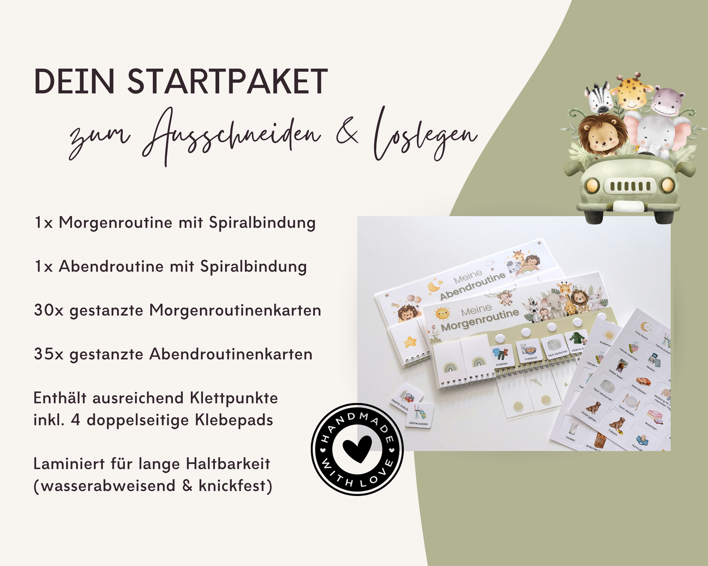 Lieferumfang Montessori Routineplaner Safari mit Morgenroutine, Abendroutine, 65 gestanzten Symbolkarten, Klettpunkten und Klebepads, laminiert