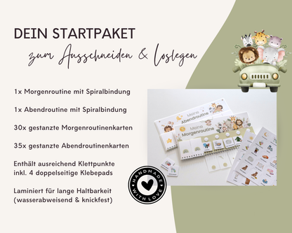 Lieferumfang Montessori Routineplaner Safari mit Morgenroutine, Abendroutine, 65 gestanzten Symbolkarten, Klettpunkten und Klebepads, laminiert