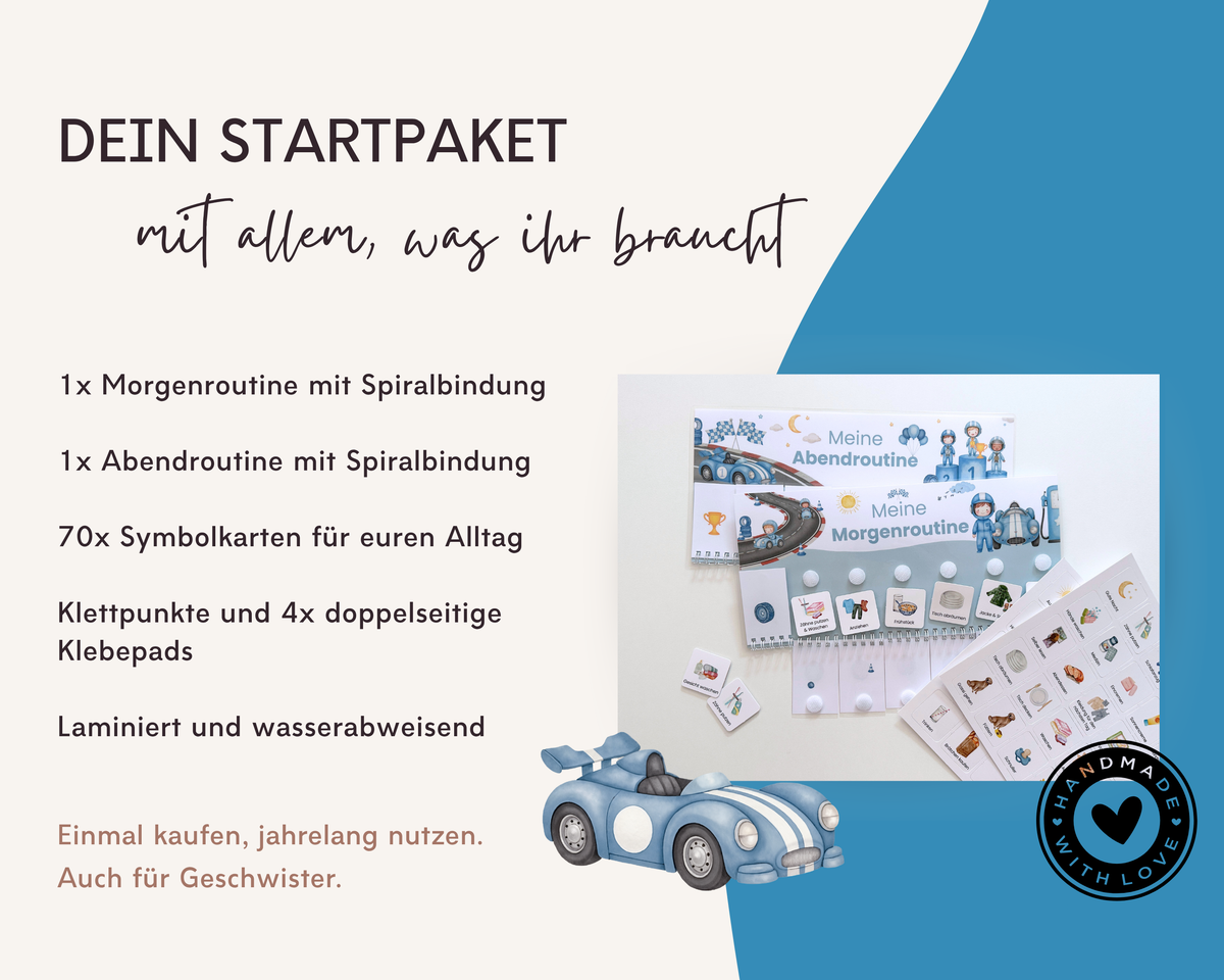 Startpaket Autos mit Morgenroutine und Abendroutine in Spiralbindung, Symbolkarten und Klebepunkten