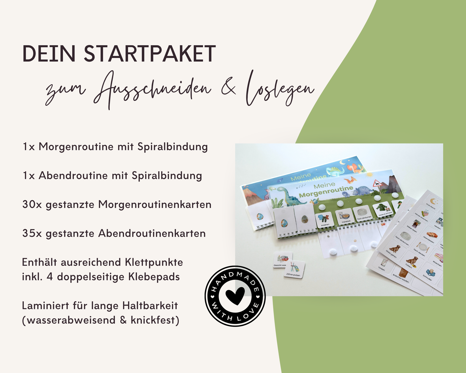 Lieferumfang Montessori Routineplaner Dinosaurier mit Morgenroutine, Abendroutine, 65 gestanzten Symbolkarten, Klettpunkten und Klebepads, laminiert
