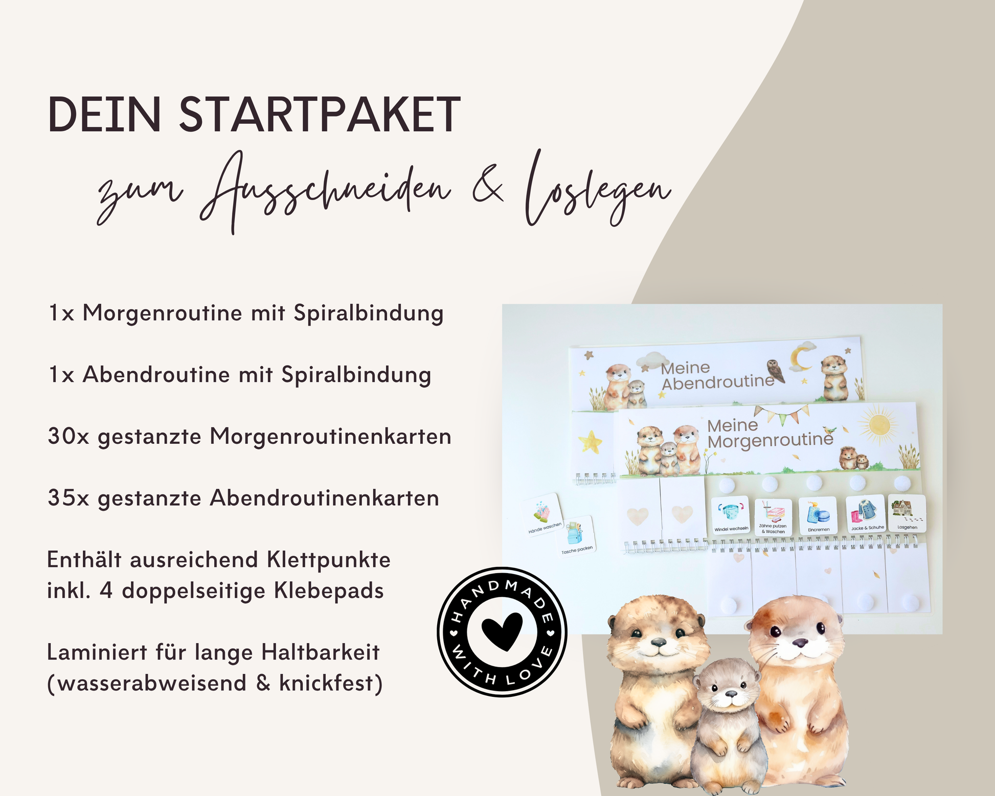 Lieferumfang Montessori Routineplaner Otter mit Morgenroutine, Abendroutine, 65 gestanzten Symbolkarten, Klettpunkten und Klebepads, laminiert