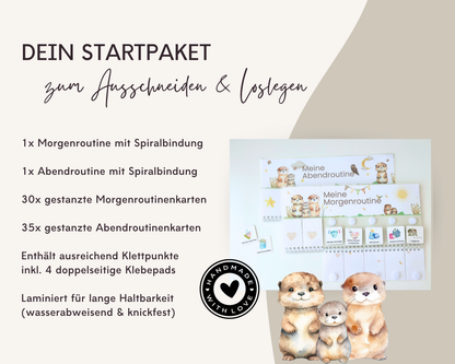 Lieferumfang Montessori Routineplaner Otter mit Morgenroutine, Abendroutine, 65 gestanzten Symbolkarten, Klettpunkten und Klebepads, laminiert