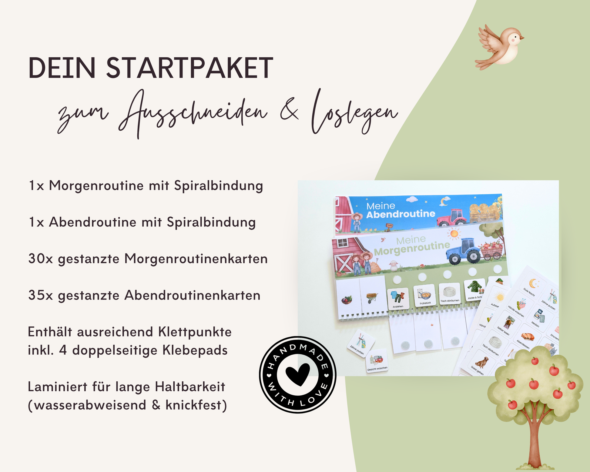 Lieferumfang Montessori Routineplaner Traktor Bauernhof mit Morgenroutine, Abendroutine, 65 gestanzten Symbolkarten, Klettpunkten und Klebepads, laminiert