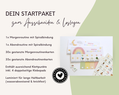 Lieferumfang Montessori Routineplaner Regenbogen mit Morgenroutine, Abendroutine, 65 gestanzten Symbolkarten, Klettpunkten und Klebepads, laminiert