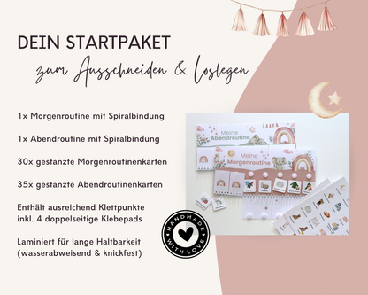 Lieferumfang Montessori Routineplaner Regenbogen Elefant mit Morgenroutine, Abendroutine, 65 gestanzten Symbolkarten, Klettpunkten und Klebepads, laminiert