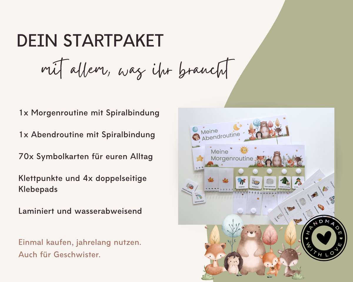 Startpaket Waldtiere mit Morgenroutine und Abendroutine in Spiralbindung, Symbolkarten und Klebepunkten