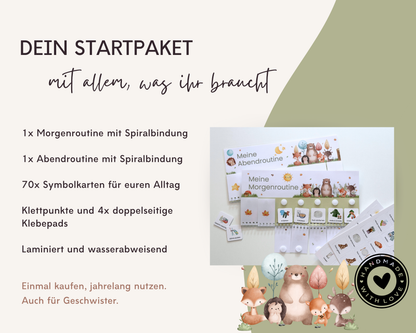 Startpaket Waldtiere mit Morgenroutine und Abendroutine in Spiralbindung, Symbolkarten und Klebepunkten